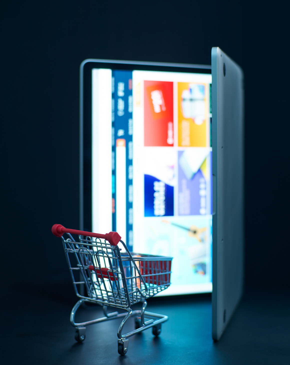 A shopping cart in front of a laptop digital shelf