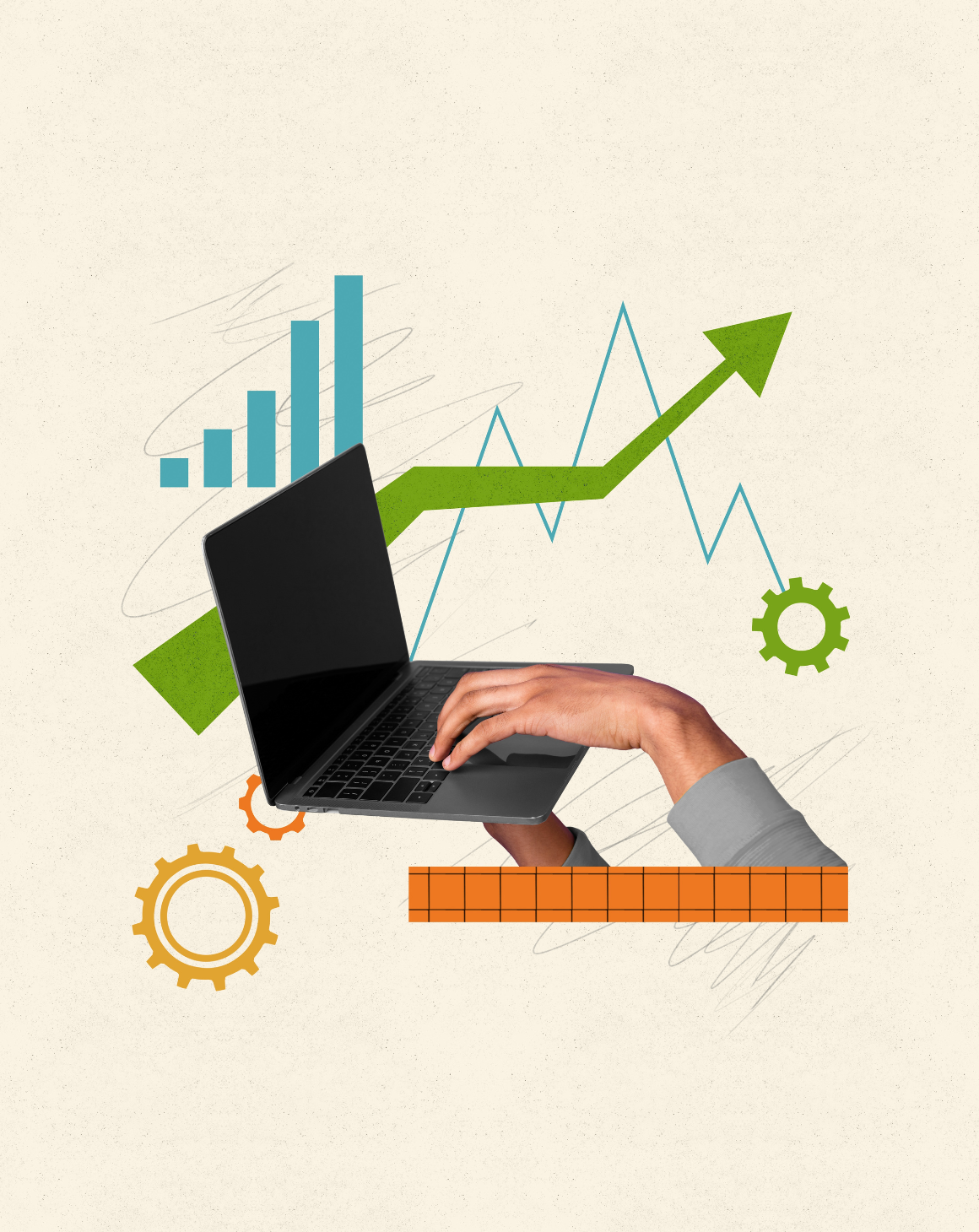 collage of laptop, hand and charts