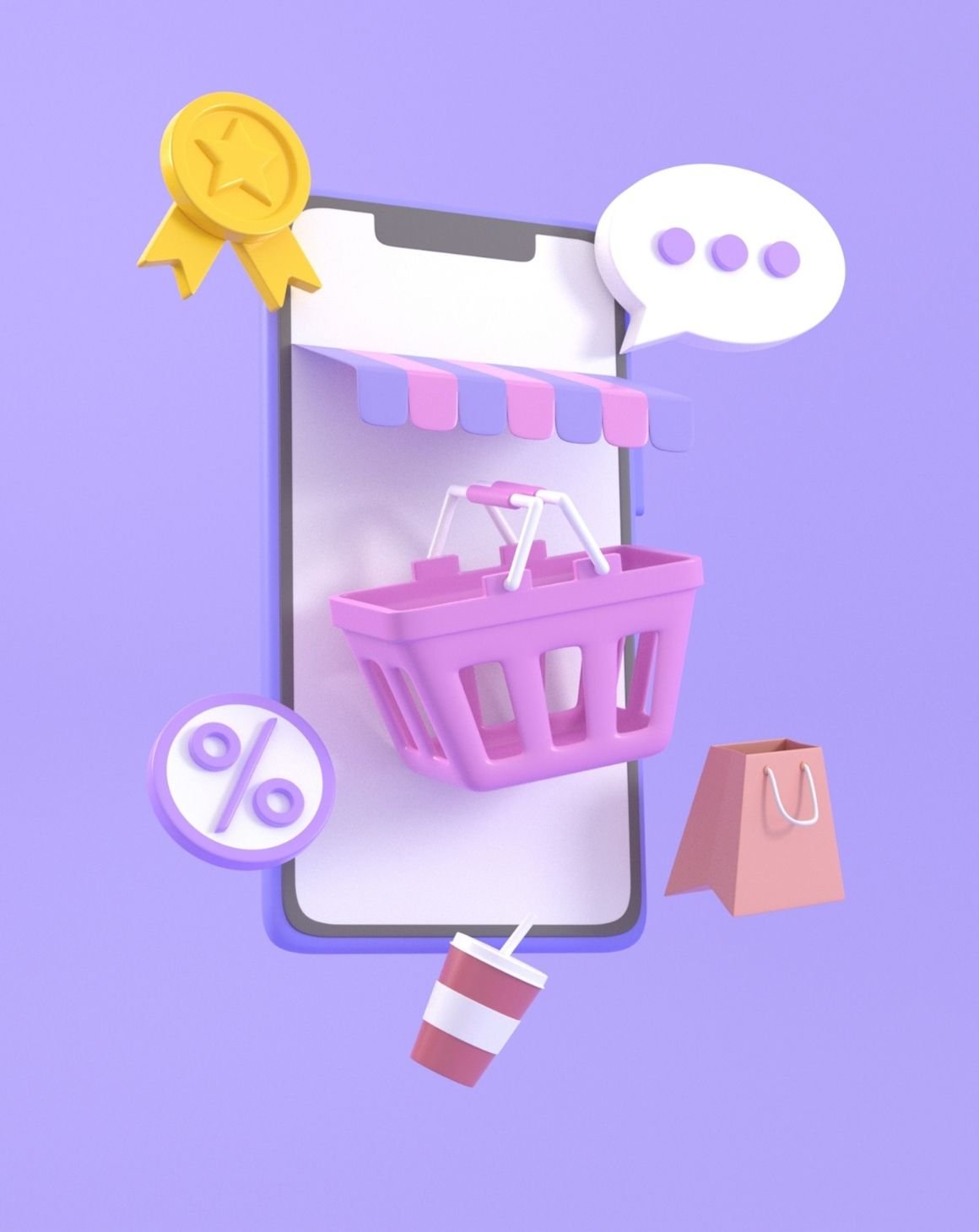 A mobile phone with a shopping basket and eCommerce symbols