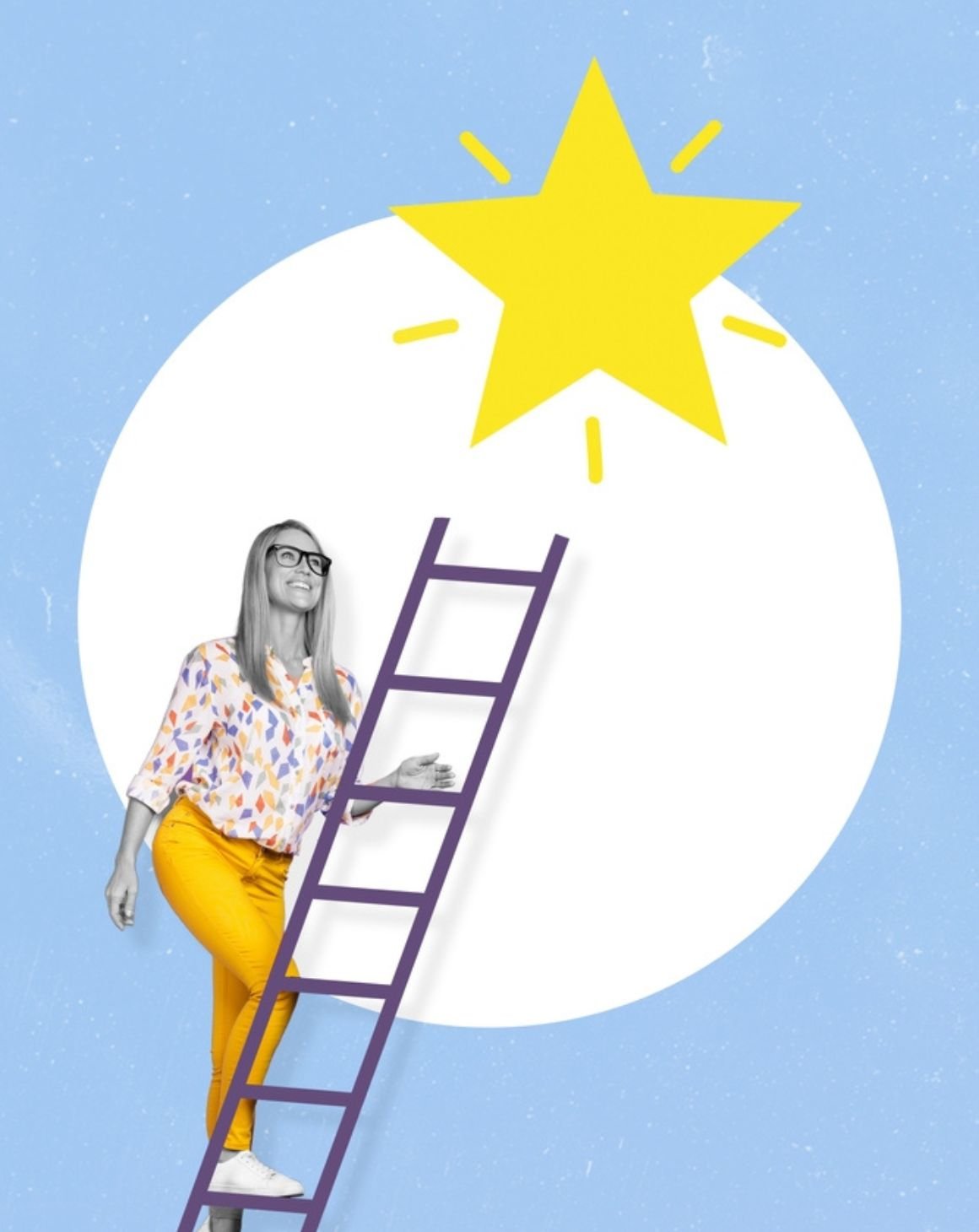 a woman climbs a ladder striving to touch a star above