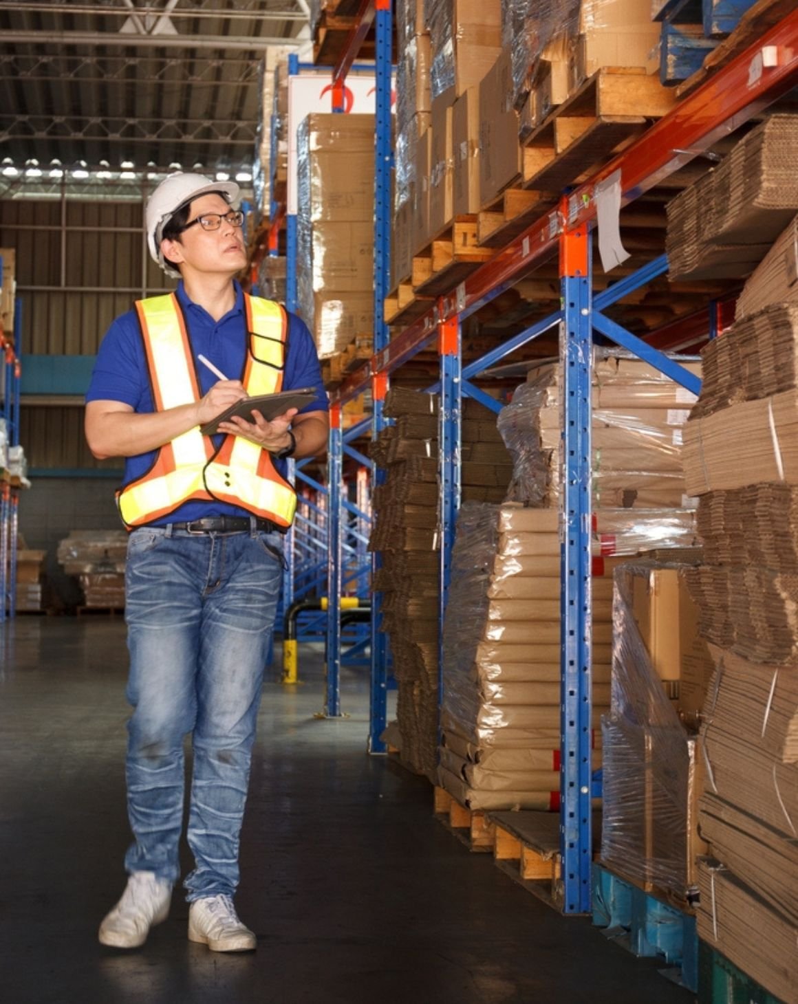 a man stands in a warehouse, holding a clipboard and reviewing inventory