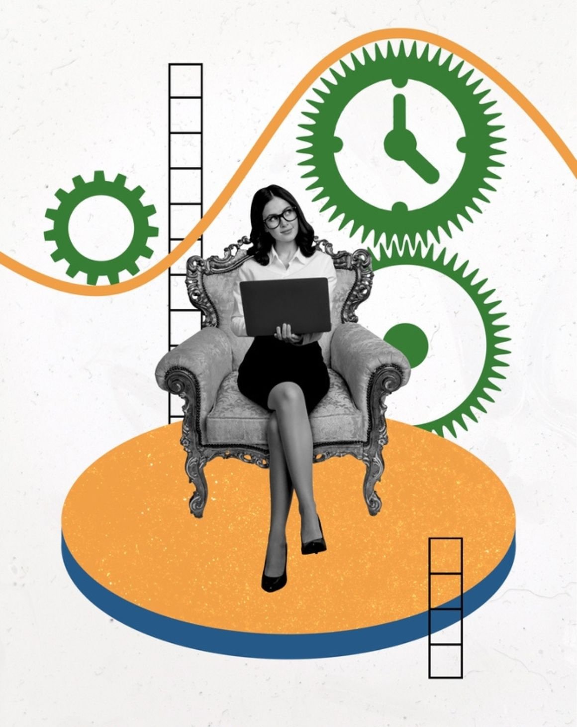 a woman sitting in a chair, with gears and a clock in the background