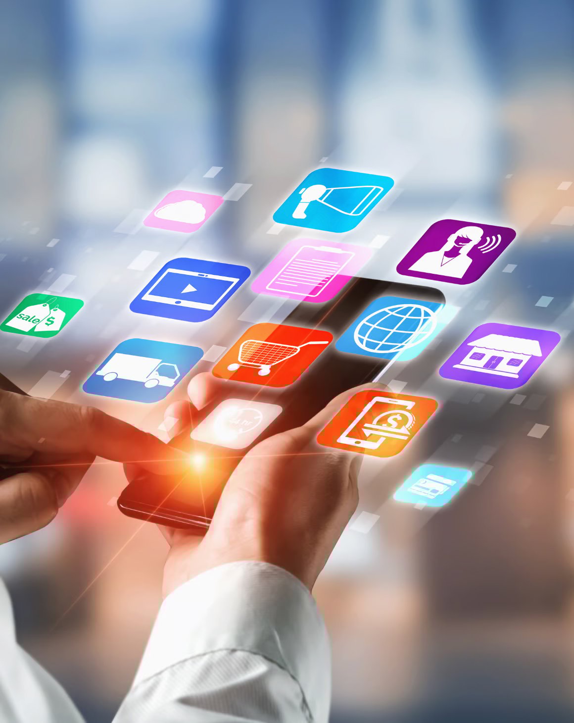 A man holds a smartphone as colorful app icons emerge