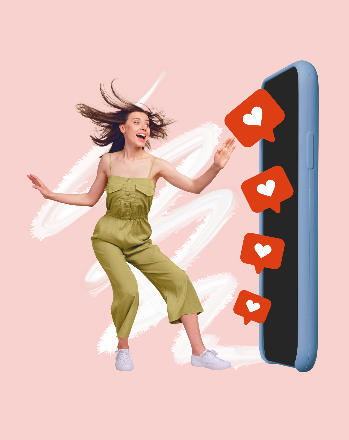 collage of woman and smartphone with hearts