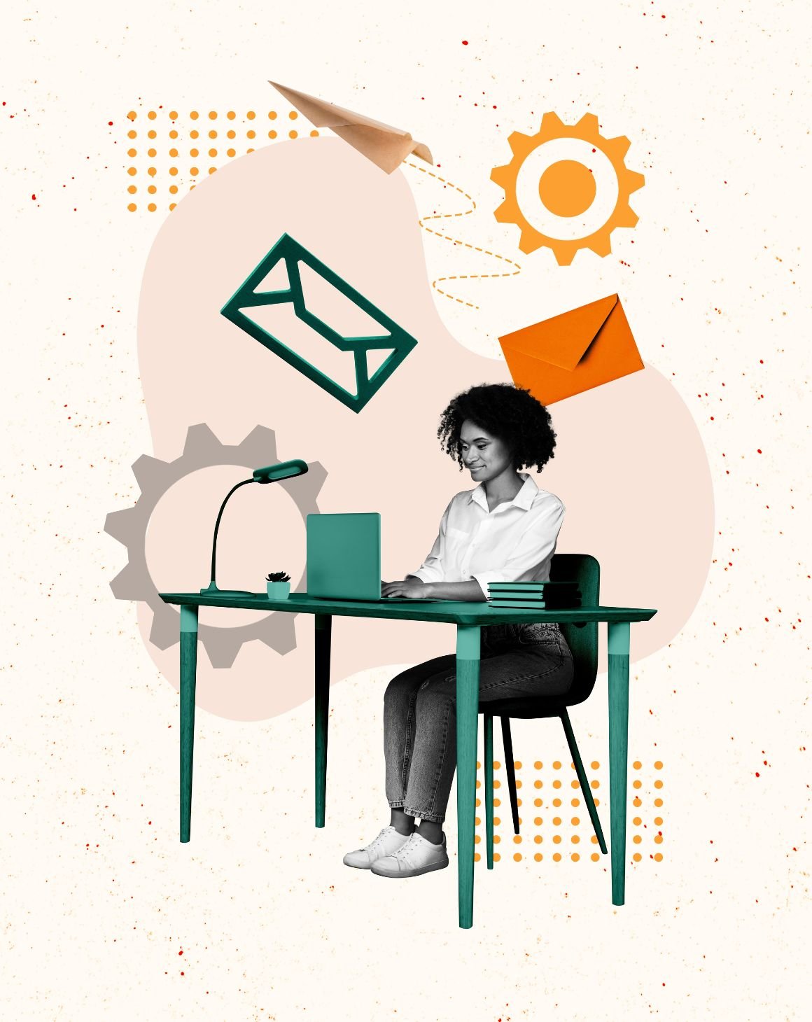 collage of a woman sitting at a computer desk, gear icons, envelopes and paper planes