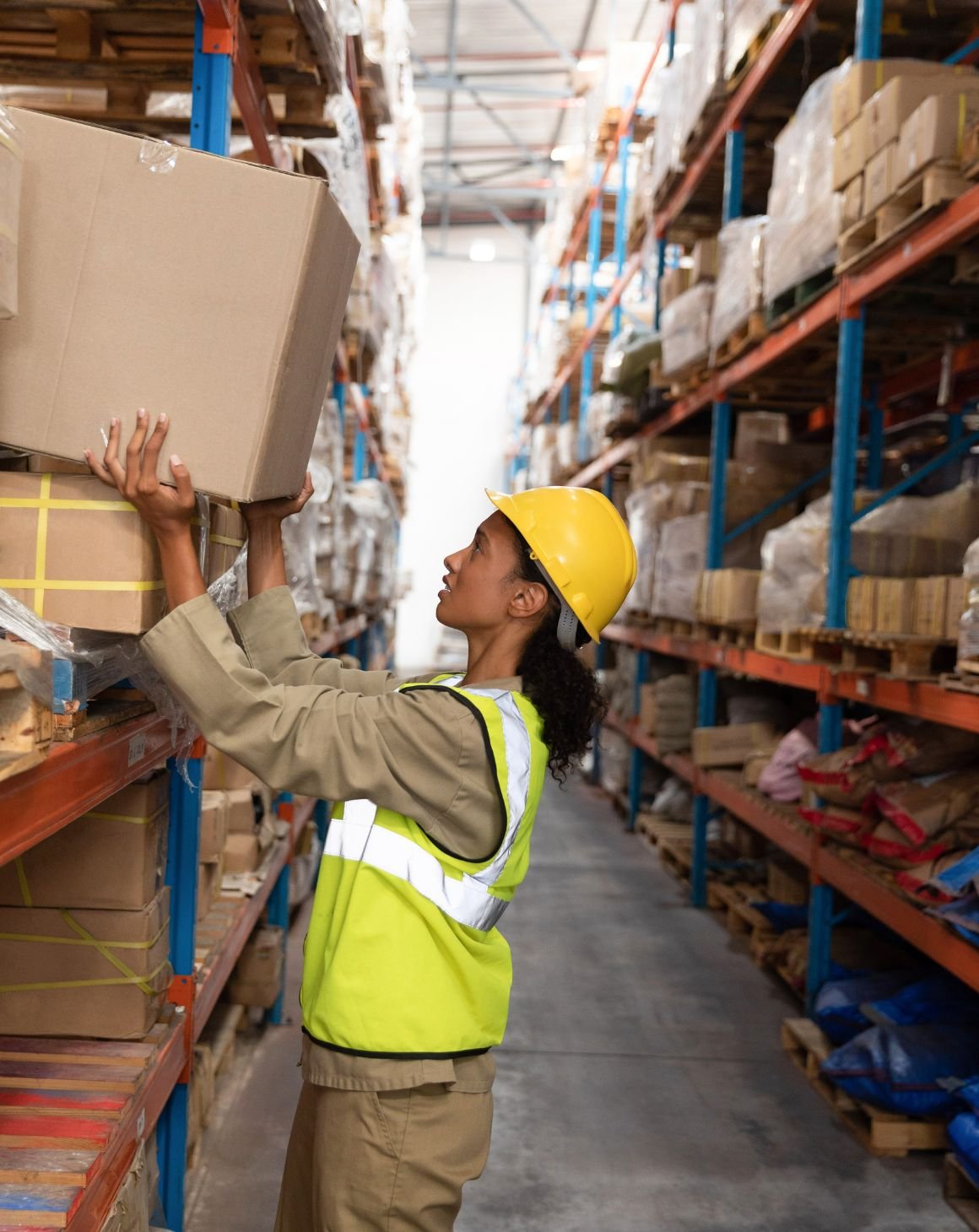 woman in a warehouse facility grabbing a box off of a shelf