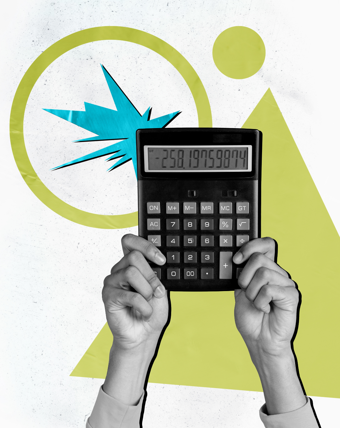 A collage image with hands holding a calculator with green and blue shapes in the background